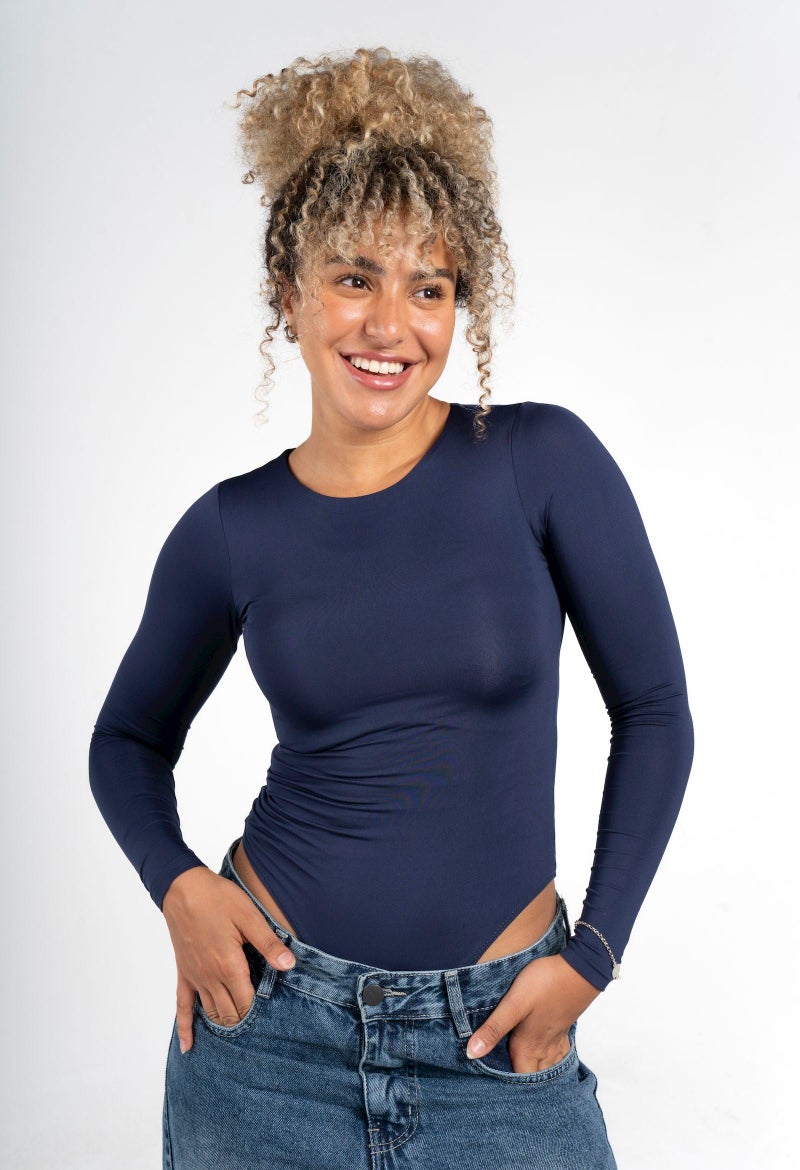 Beyond sportswear Women's Navy Boat neck Long sleeve bodysuit - Image 1